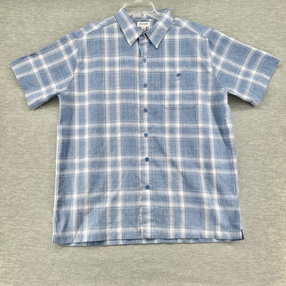 Haggar Button Up Mens L Blue Cool 18 Tec Plaid Short Sleeve Moisture Wicking